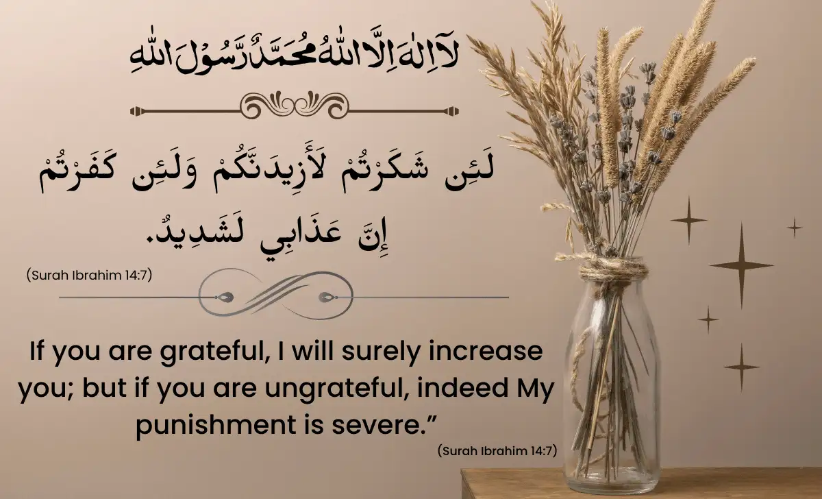 Quran verse La’in Shakartum La Azidannakum in Arabic with English translation about gratitude and increase from Allah, Surah Ibrahim 14:7
