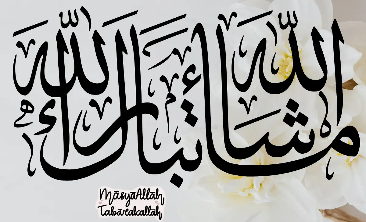 Arabic calligraphy of “MashaAllah TabarakAllah” expressing Islamic gratitude, praise of Allah, and protection of blessings