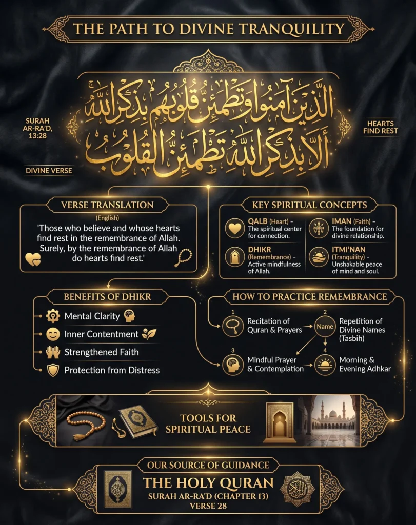 Infographic detailing the translation, spiritual concepts, and mental health benefits of the verse Ala bizikrillahi tatmainnal quloob from Surah Ar-Ra'd 13:28, including steps for daily Dhikr.