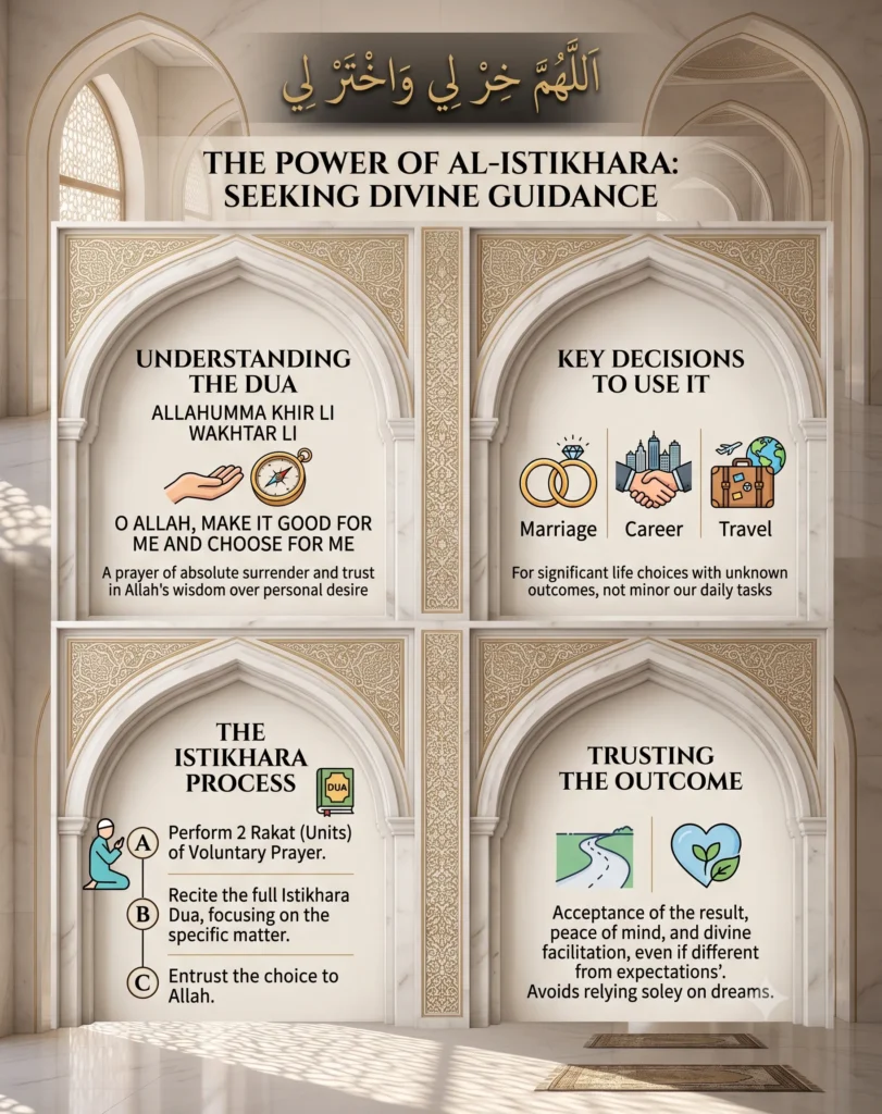 An infographic explaining the power of Al-Istikhara, detailing the meaning of Allahumma khirli wakhtarli, the key decisions to use it for like marriage and career, the 3-step prayer process, and trusting the final outcome.