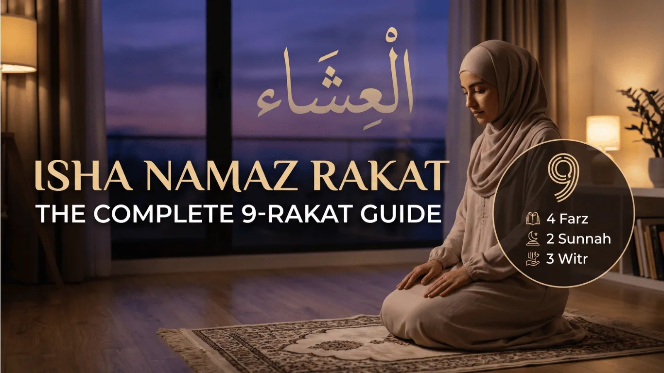 A Muslim woman praying on a prayer mat during the evening, representing the 9-rakat sequence of the Isha Namaz, including Farz, Sunnah, and Witr.