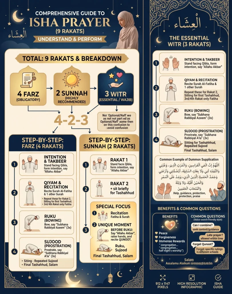 An informative infographic breaking down the 9 rakats of Isha Namaz into 4 Farz, 2 Sunnah, and 3 Witr, detailing the step-by-step instructions for the evening night prayer.