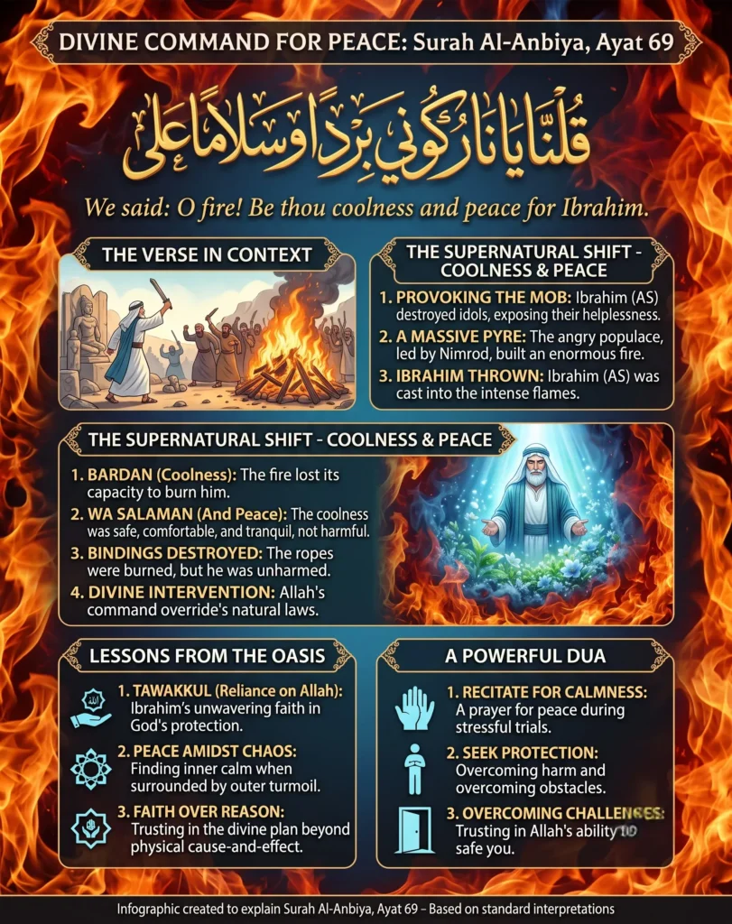 Infographic explaining the meaning, historical context, and spiritual lessons of Surah Al Anbiya Ayat 69, including the Ya Naru Kuni dua for calmness, protection, and cognitive resilience.