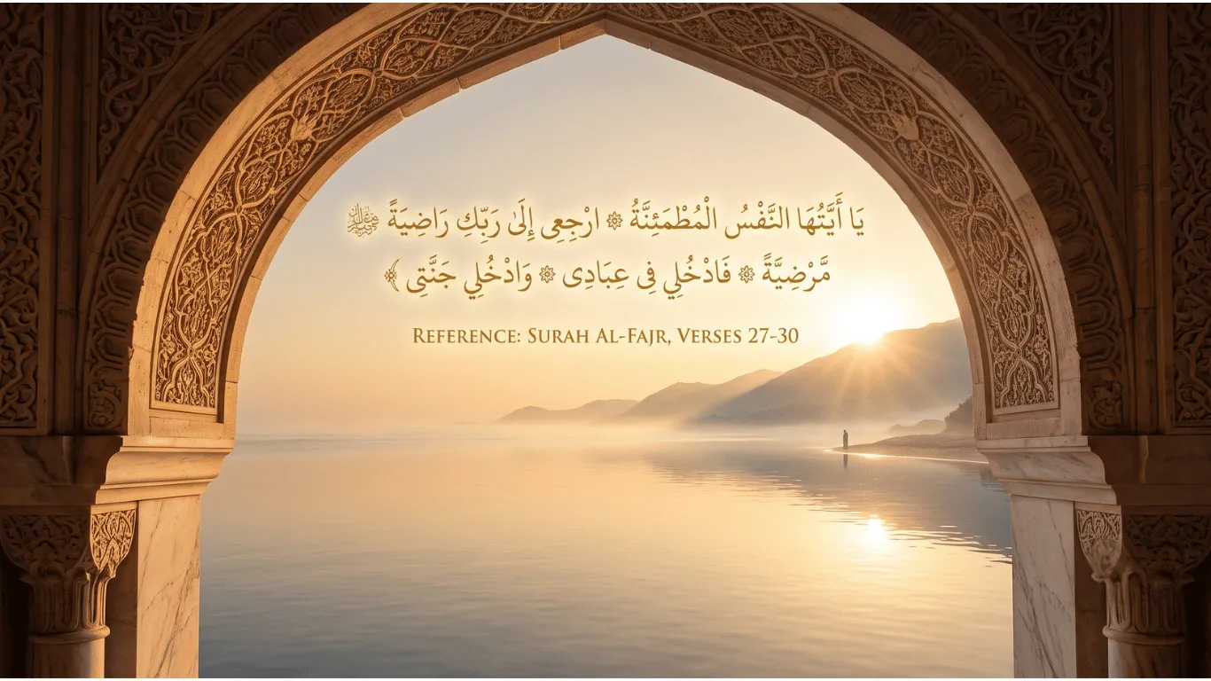 A serene Islamic archway opening to a calm ocean at sunrise, representing the ultimate peace of the reassured soul (Ya Ayyuhan Nafsul Muthmainnah) from Surah Al-Fajr verses 27-30.